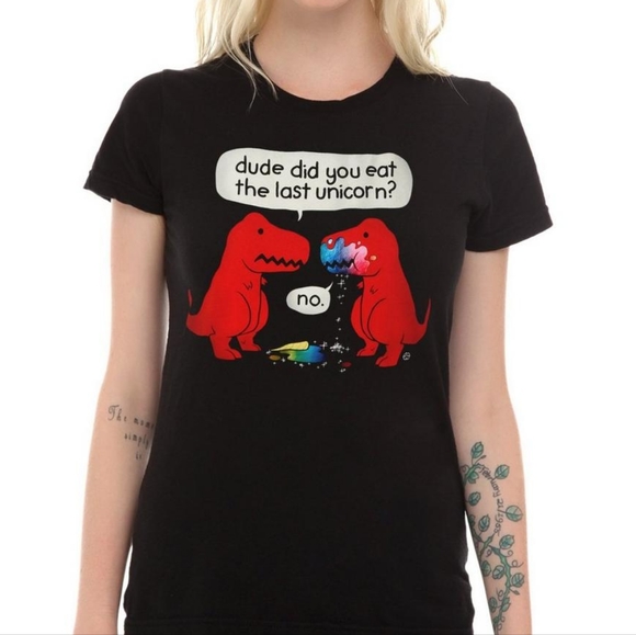 Black Matter Goodie Two Sleeves Last Unicorn Dinosaurs Black Graphic Tee NWOT S - Picture 8 of 8